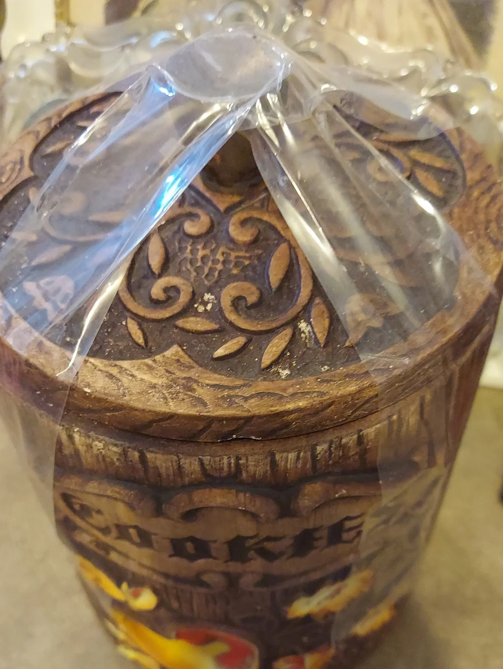 Vintage  Brown 'Cookies' Wooden Cookie Jar with Yellow Accent